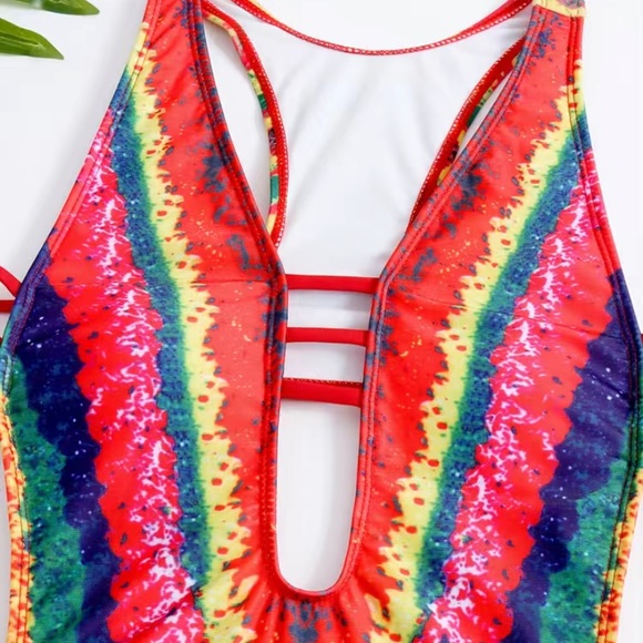MColorful Ladder Straps & Side High Cut Deep V Open Back One Piece Swimsuit - Picture 3 of 7
